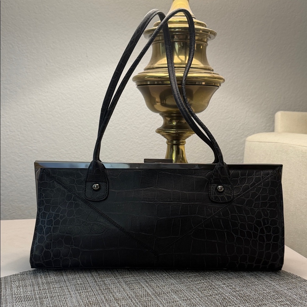 Via Spiga Black Leather Croc-Embossed Shoulder Bag